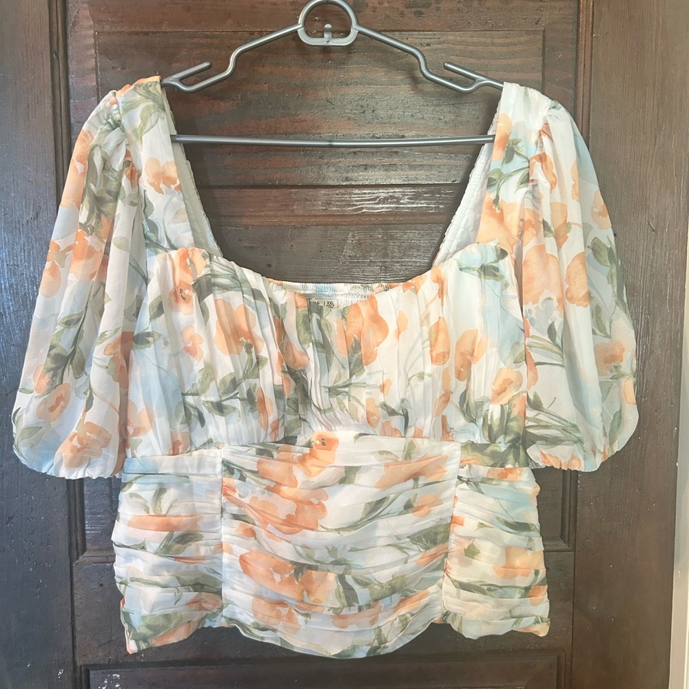 Abercrombie & Fitch Floral Puff Sleeve Top - Orange and Green